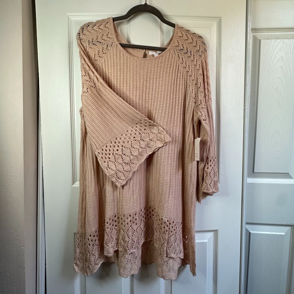 Lauren Conrad 1X Peach Pointelle Fine Knit Lightweight Tunic Sweater Keyhole NWT